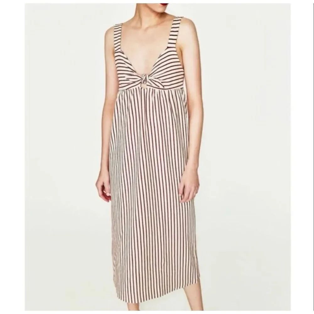 ZaraāTrafaluc Red White Knit Striped Tie Front Keyhole Midi Dress Size Large